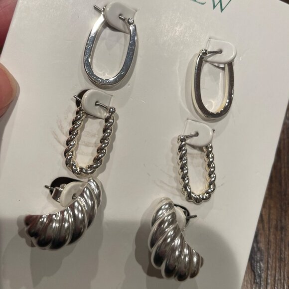 J.Crew Sculptural Silver Earrings Set of Three Brass Titanium Snap Hoops BO249 - Picture 5 of 7